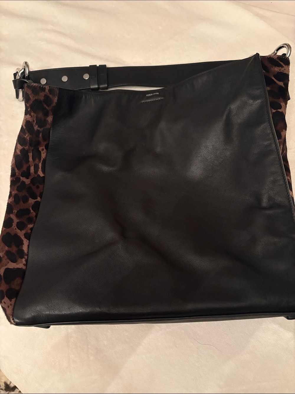 Black Leather & Leopard Trim Shoulder Bag